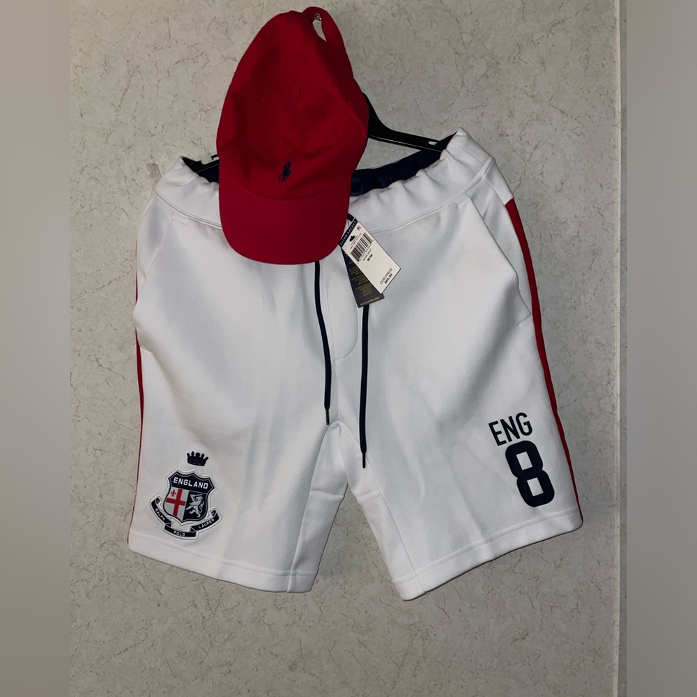 Polo medium white shorts with red cap Combo. Both items.